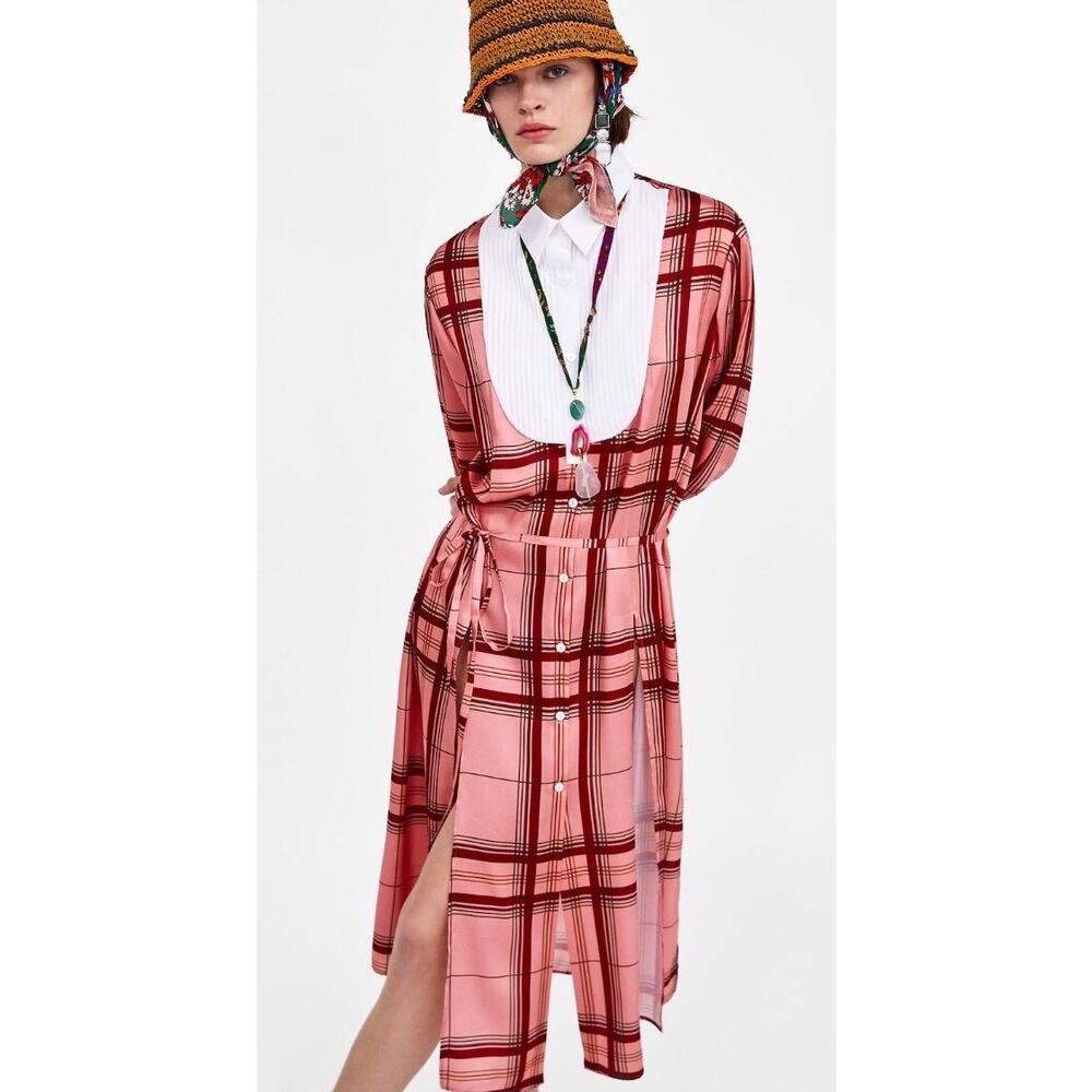 NWT ZARA Studio Collection Contrast Check Tunic Dress Pink Red Plaid Size L - Picture 4 of 14